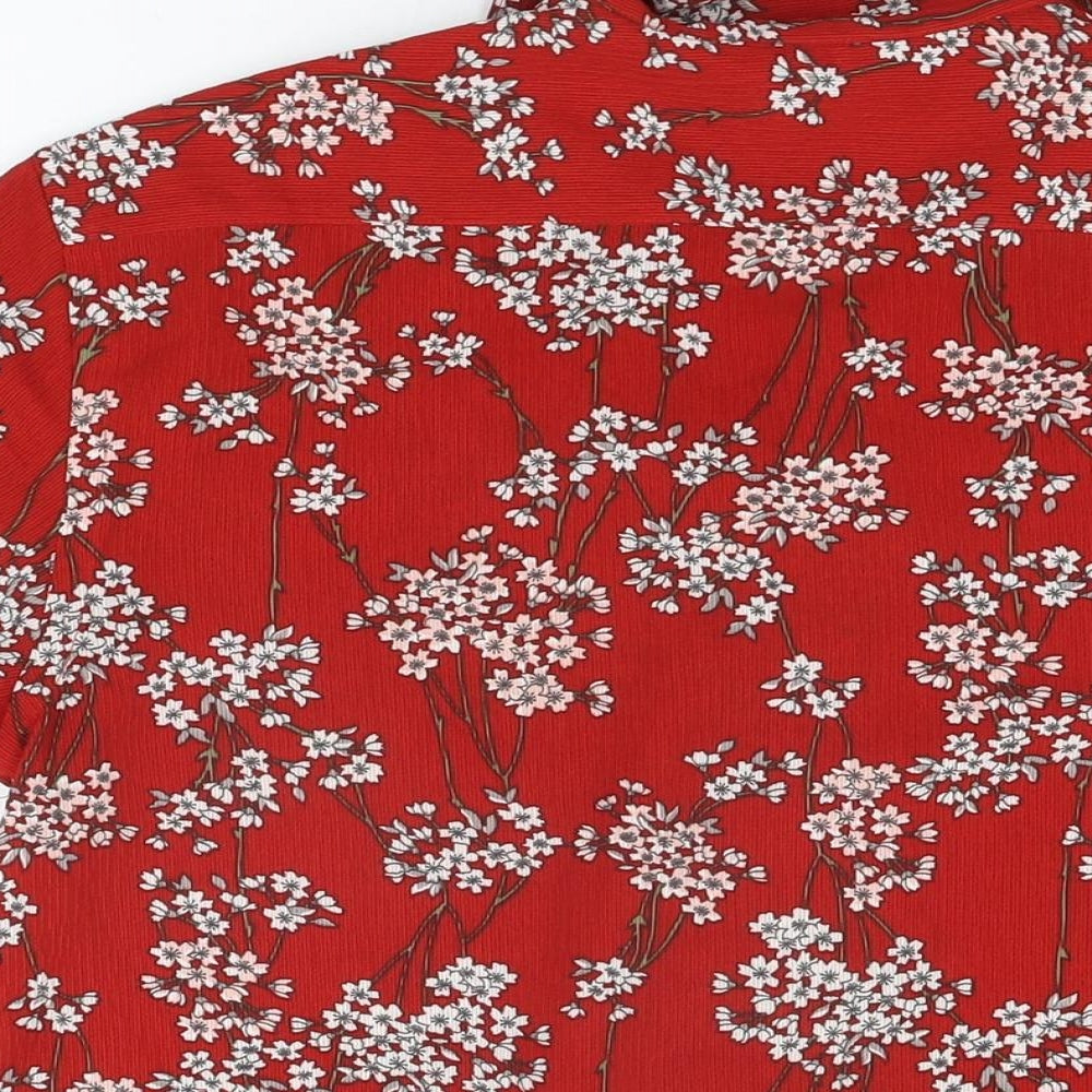 Zara Mens Red Floral Polyester Button-Up Size M Collared Button