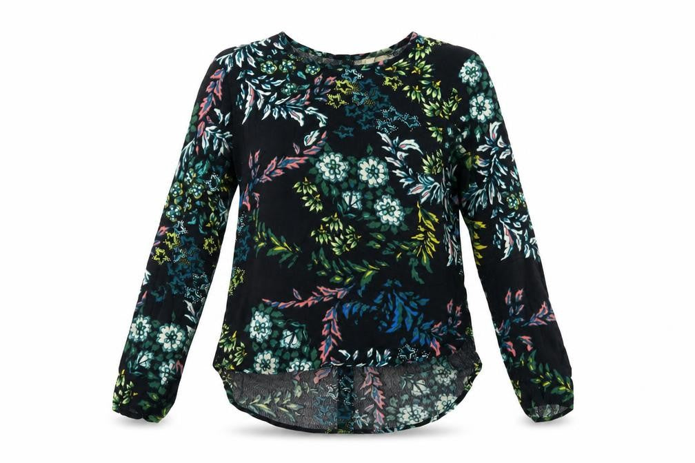 H&M Womens Black Floral Viscose Basic T-Shirt Size 4 Round Neck