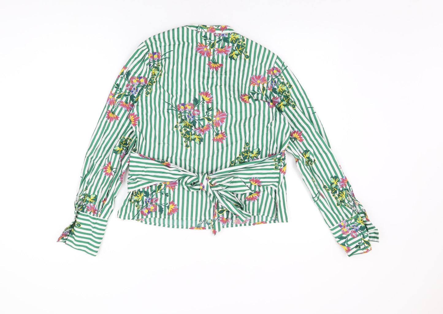 Marks and Spencer Womens Green Striped Cotton Wrap T-Shirt Size 10 V-Neck