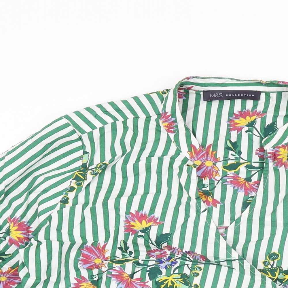 Marks and Spencer Womens Green Striped Cotton Wrap T-Shirt Size 10 V-Neck