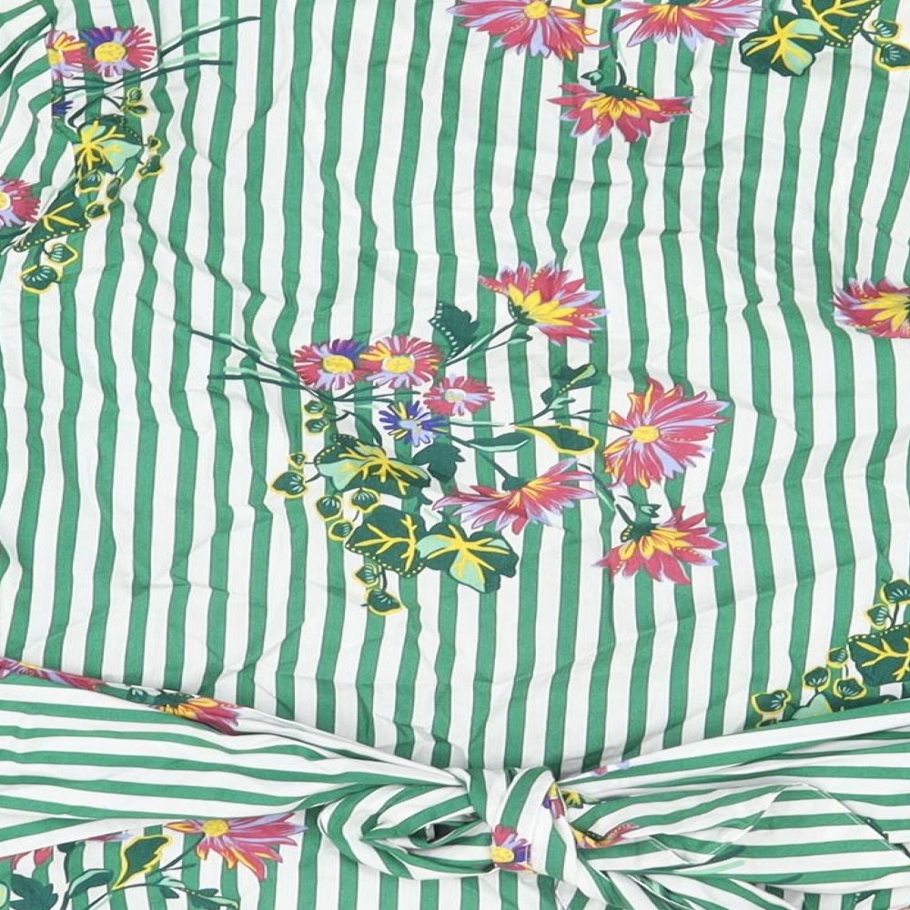 Marks and Spencer Womens Green Striped Cotton Wrap T-Shirt Size 10 V-Neck