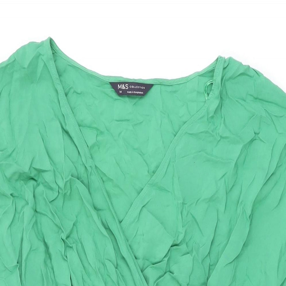 Marks and Spencer Womens Green Viscose Skater Dress Size 14 V-Neck Tie