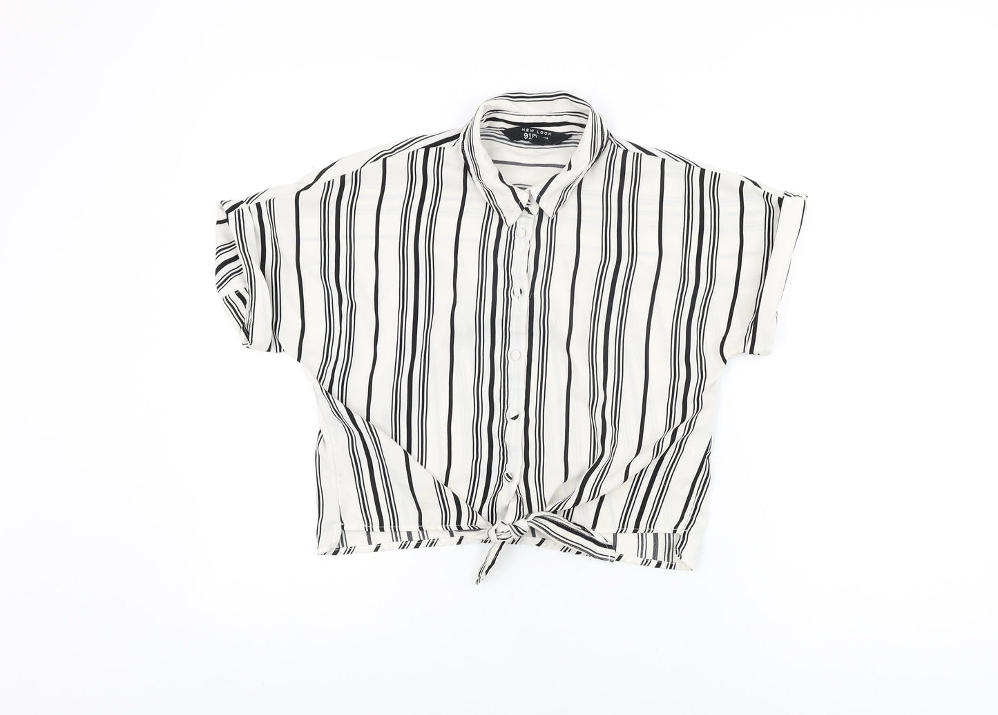 New Look Girls White Striped Polyester Basic Button-Up Size 12 Years Collared Button