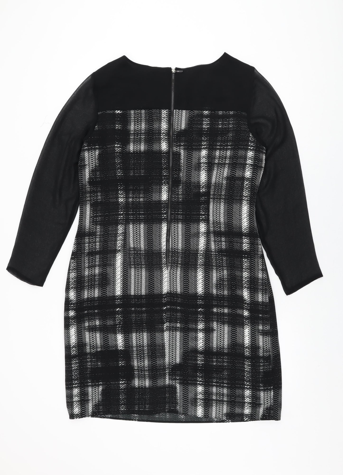 Marks and Spencer Womens Black Geometric Polyester Shift Size 16 Round Neck Zip
