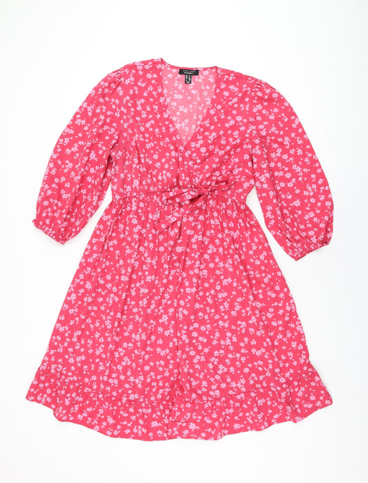 New Look Womens Pink Floral Polyester A-Line Size 12 V-Neck Pullover