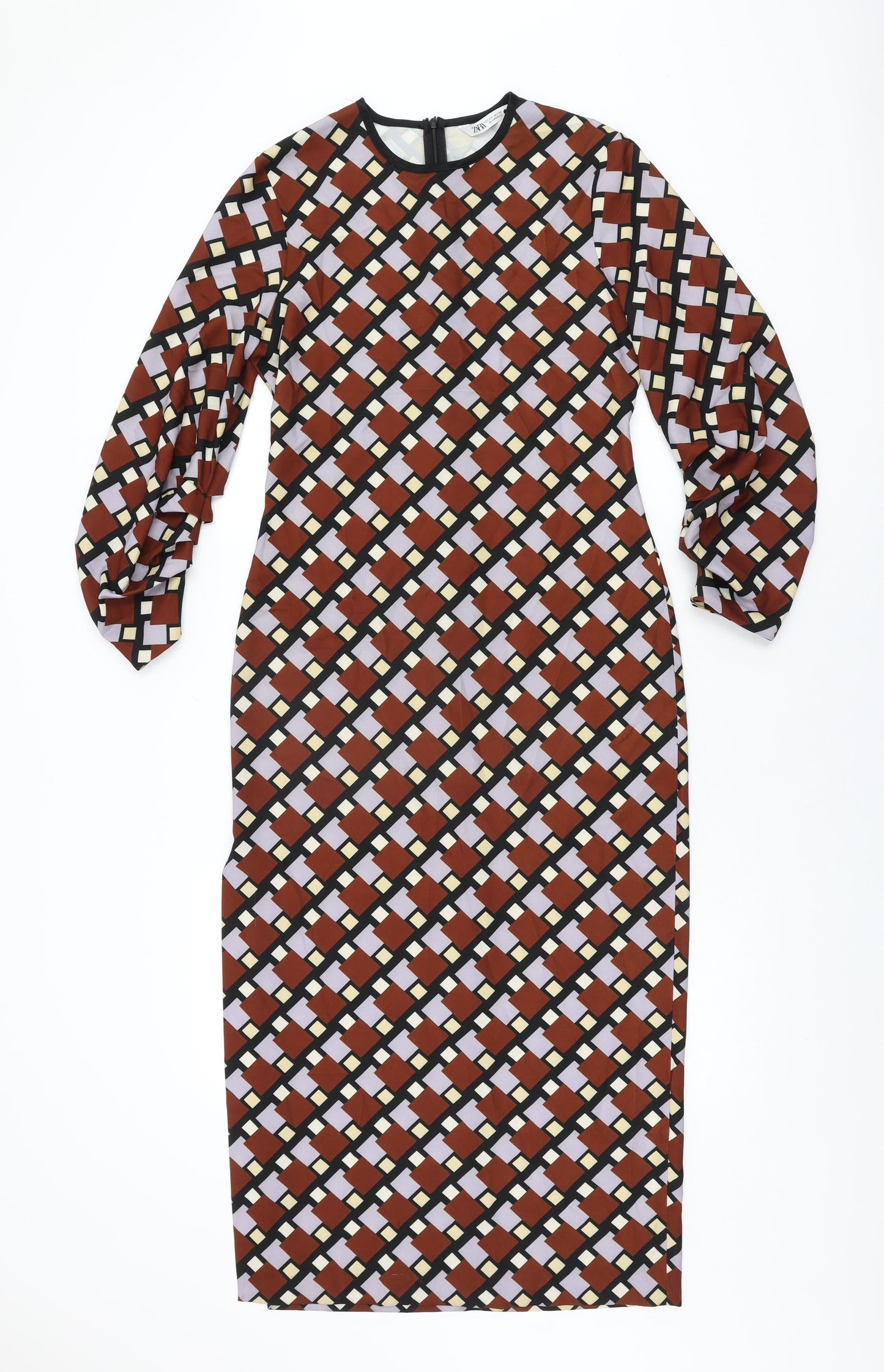 Zara Womens Brown Geometric Polyester Maxi Size S Round Neck Zip