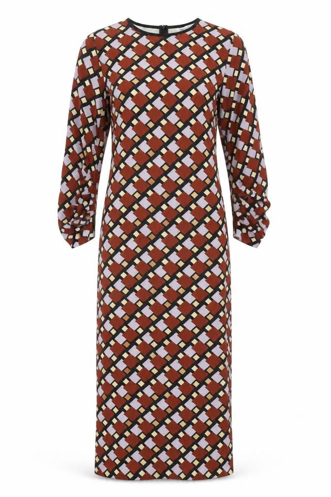 Zara Womens Brown Geometric Polyester Maxi Size S Round Neck Zip