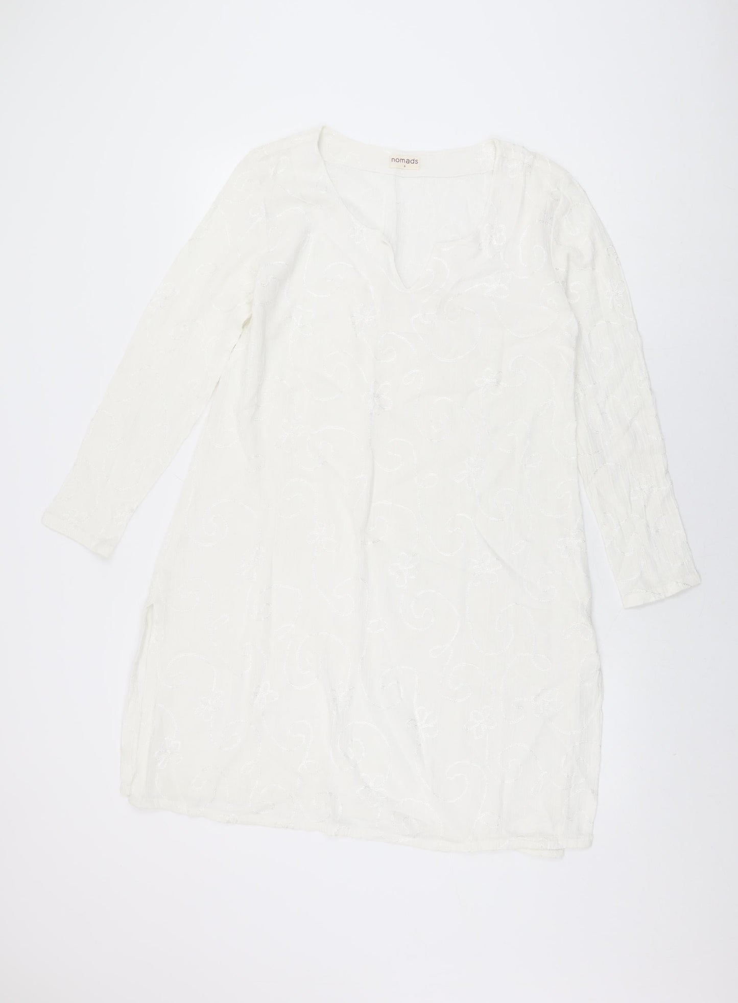 Nomads Womens White Geometric Cotton Tunic T-Shirt Size 8 V-Neck
