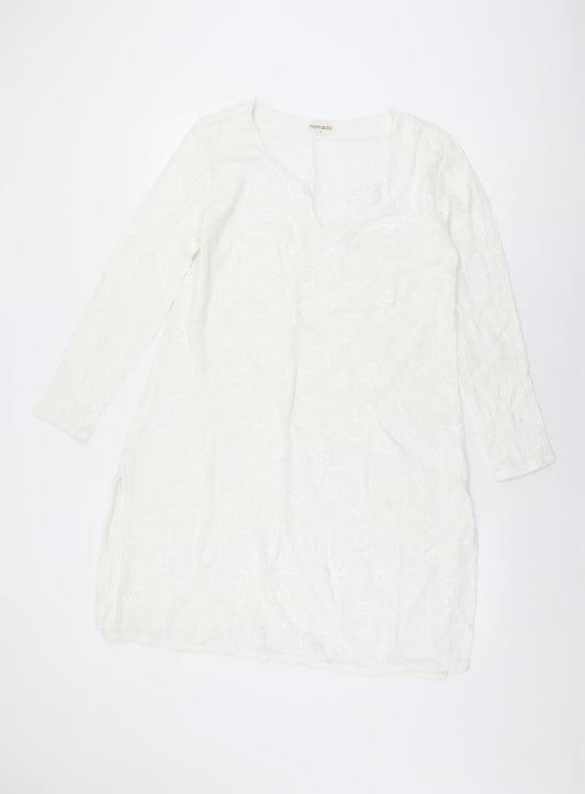 Nomads Womens White Geometric Cotton Tunic T-Shirt Size 8 V-Neck