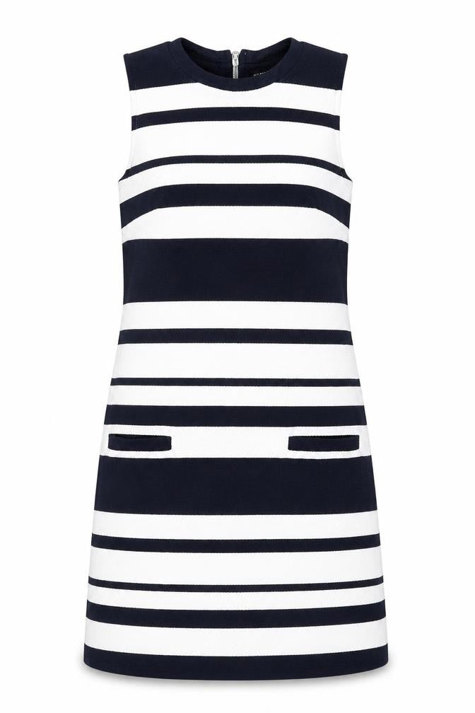 Warehouse Womens White Striped Polyester Shift Size 10 Round Neck Zip