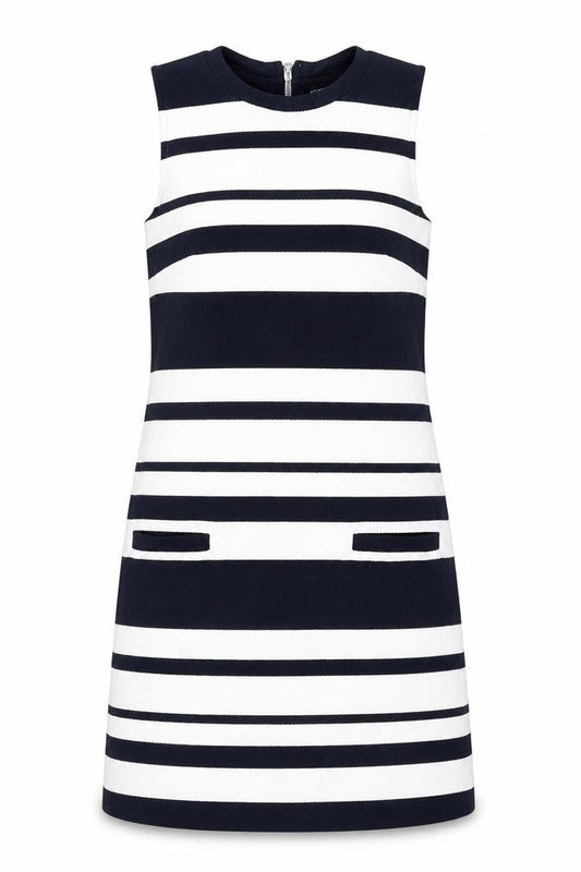 Warehouse Womens White Striped Polyester Shift Size 10 Round Neck Zip