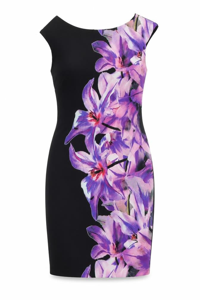 Roman Womens Black Floral Polyester Bodycon Size 12 Boat Neck Zip
