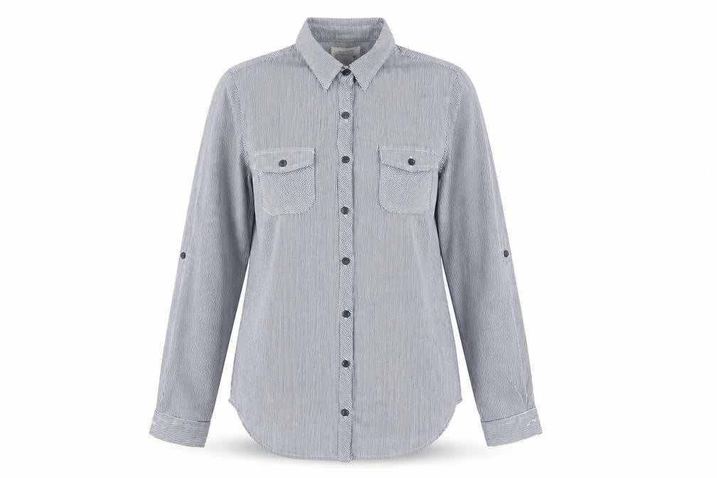 Passport Womens Grey Striped Polyester Basic Button-Up Size M Collared