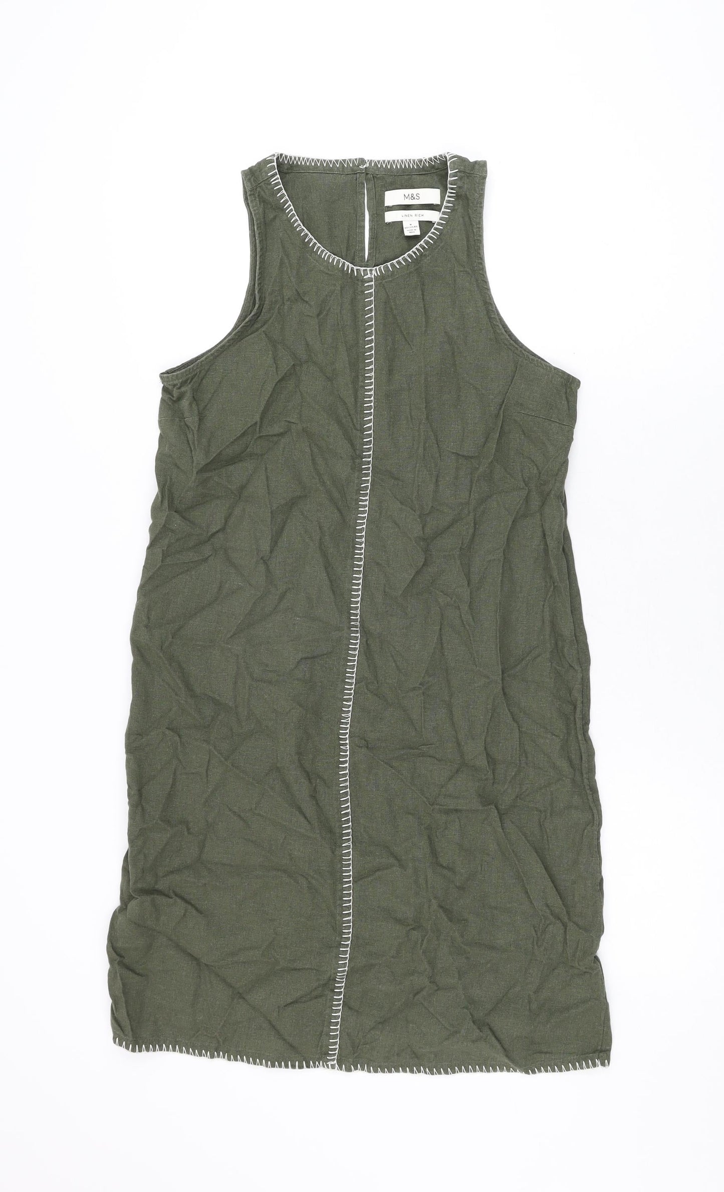 Marks and Spencer Womens Green Linen Shift Size 8 Round Neck Button