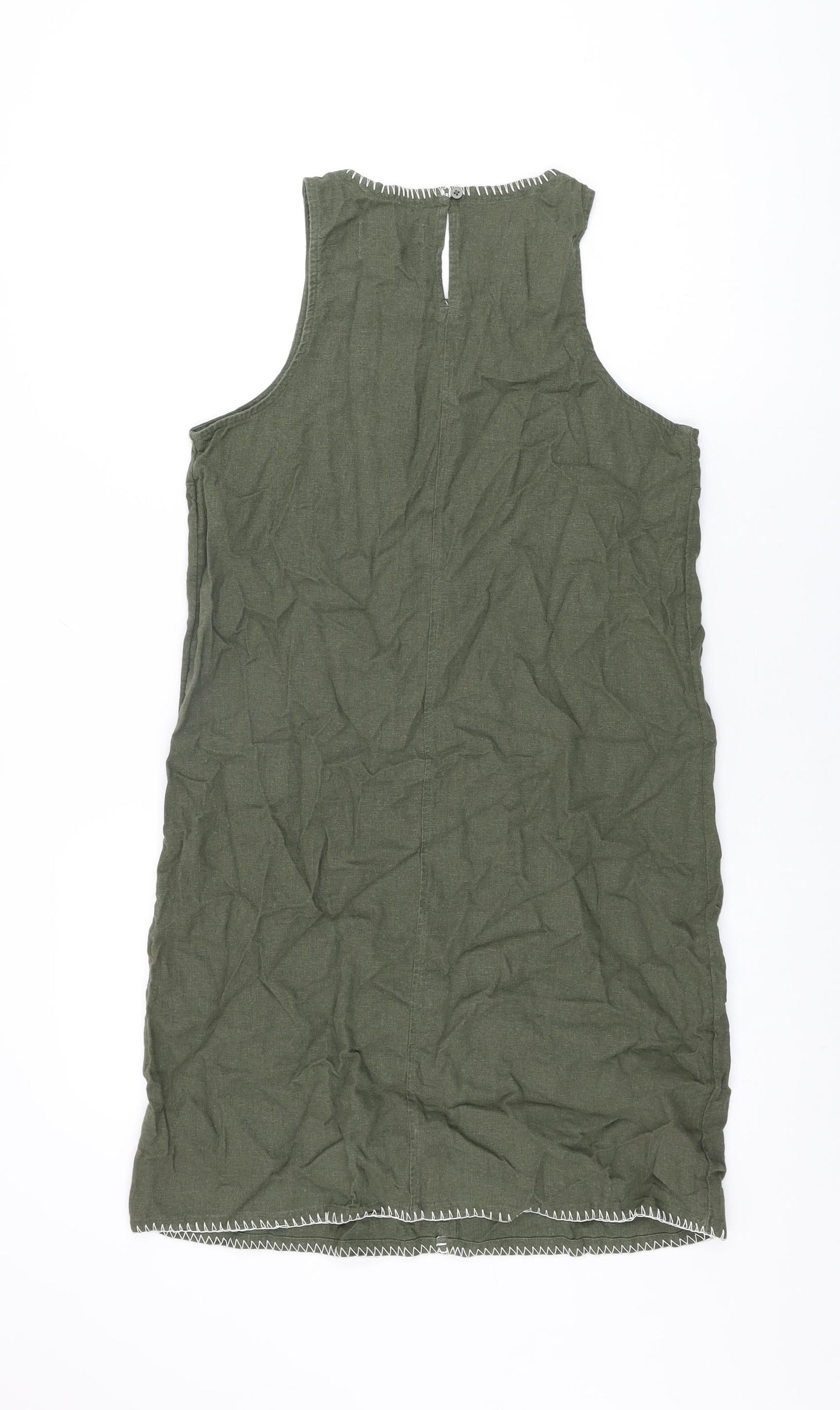 Marks and Spencer Womens Green Linen Shift Size 8 Round Neck Button