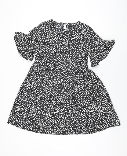 Boohoo Womens Black Geometric Polyester Shift Size 10 Round Neck Button