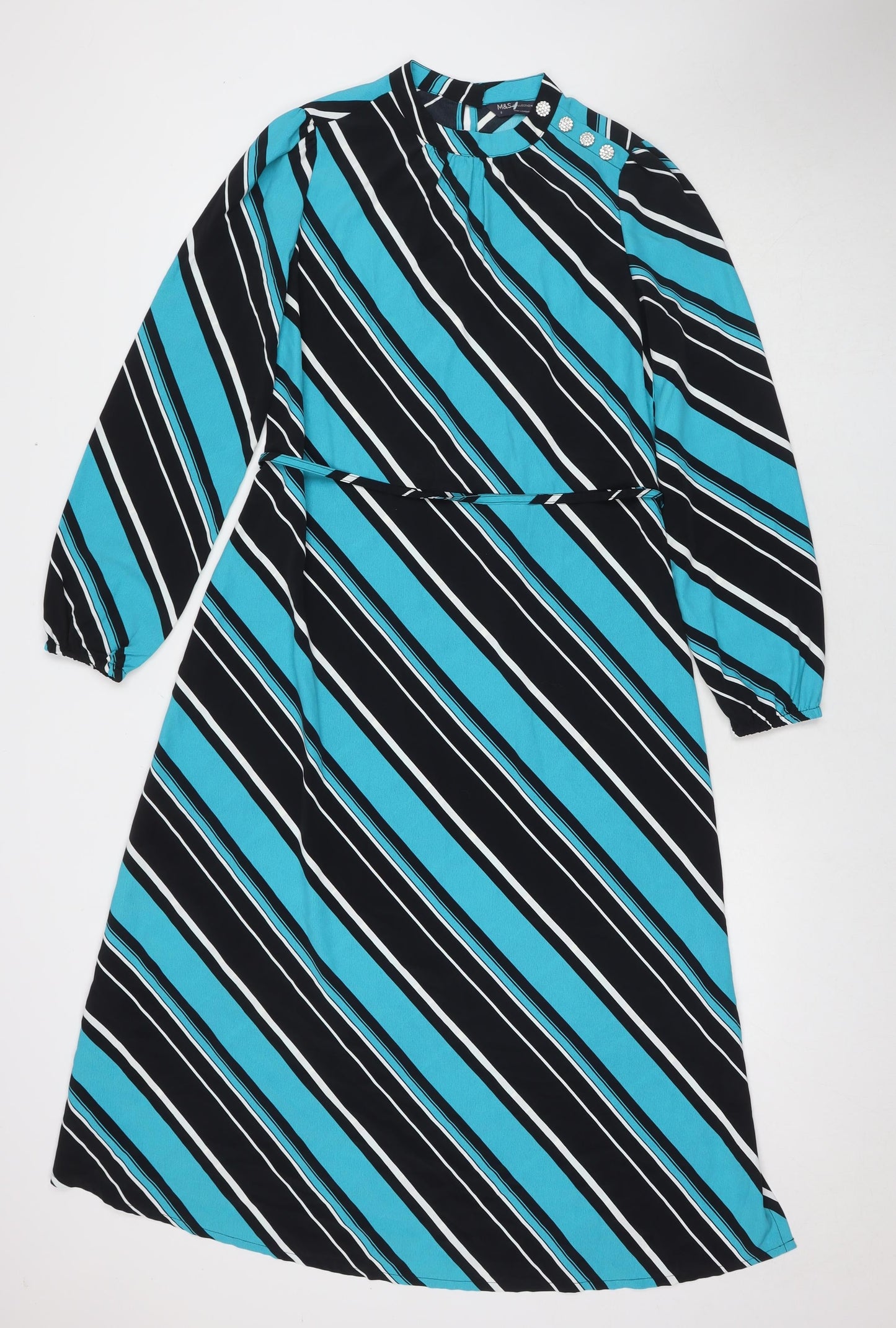 Marks and Spencer Womens Blue Striped Polyester Maxi Size 8 Round Neck Button
