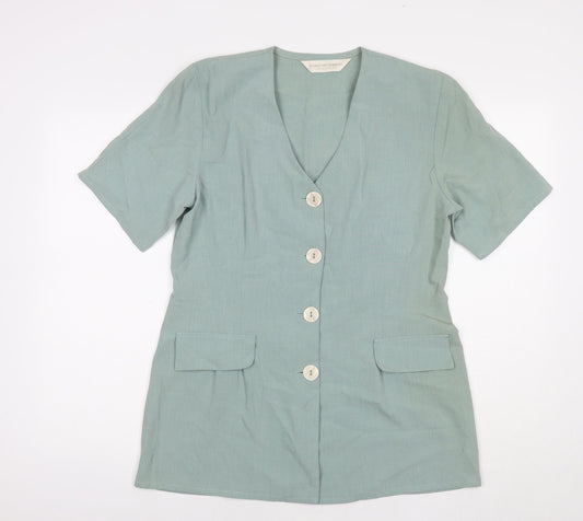 Dorothy Perkins Womens Blue Polyester Basic Button-Up Size 14 V-Neck - Shoulder Pads