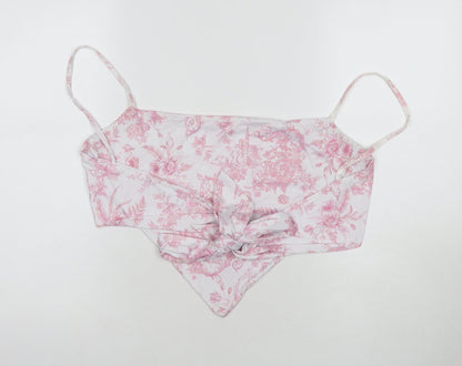 Back view of Missguided women’s white floral polyester cropped tank, size UK 10, square neck