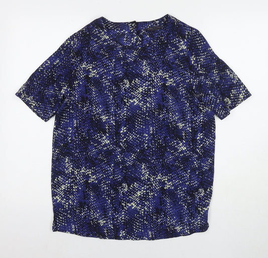 Marks and Spencer Womens Blue Geometric Polyester Basic T-Shirt Size 8 Round Neck