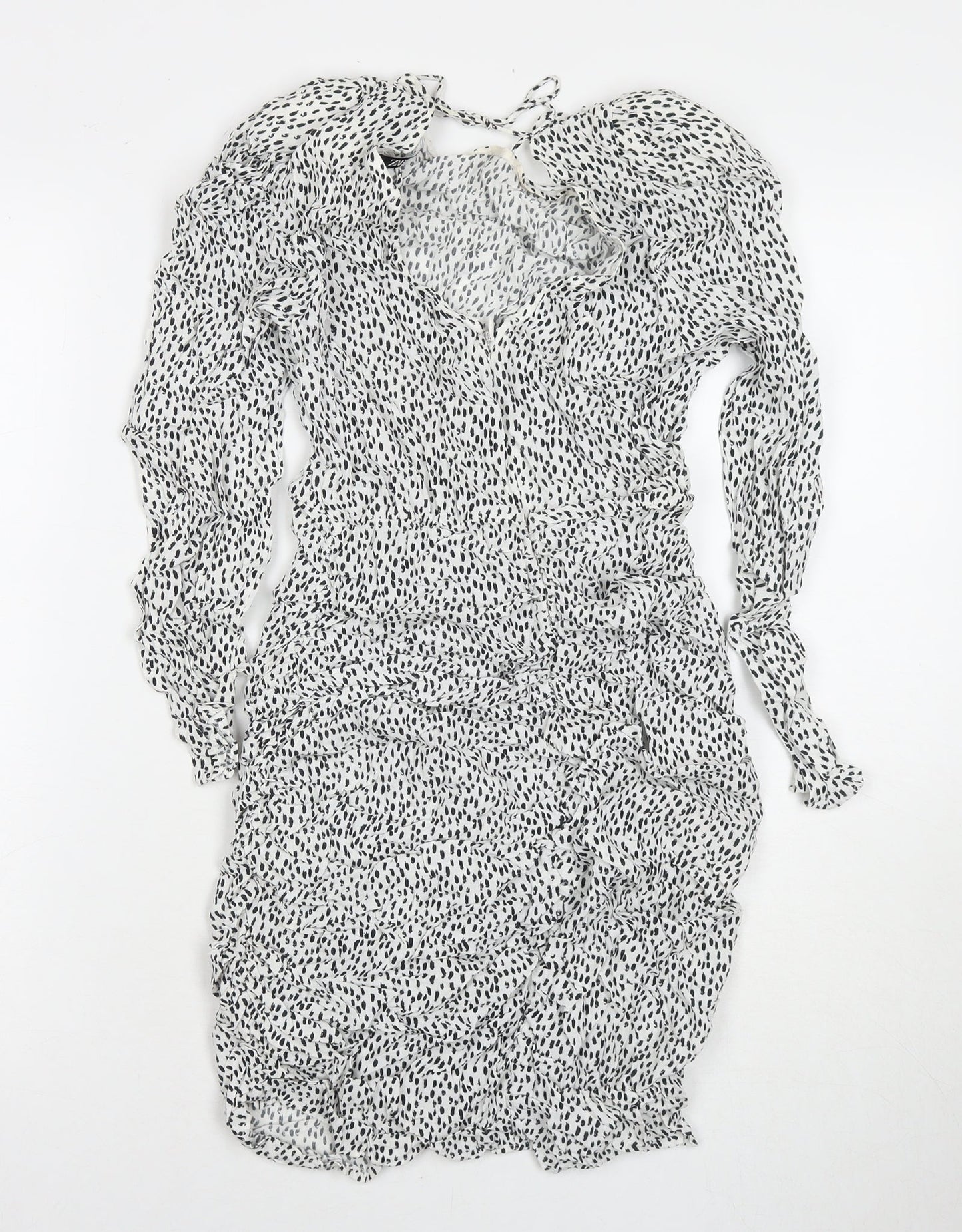 Zara Womens White Polka Dot Viscose A-Line Size S V-Neck Zip