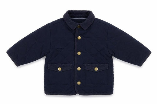 Front view of mamas & papas boys’ blue quilted jacket, size 6-9, months snap