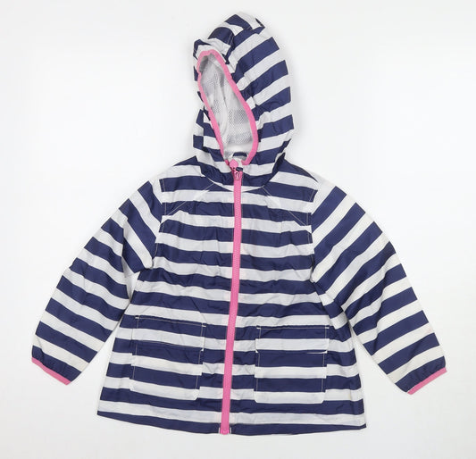 Marks and Spencer Girls Blue Striped Rain Coat Jacket Size 4-5 Years Zip