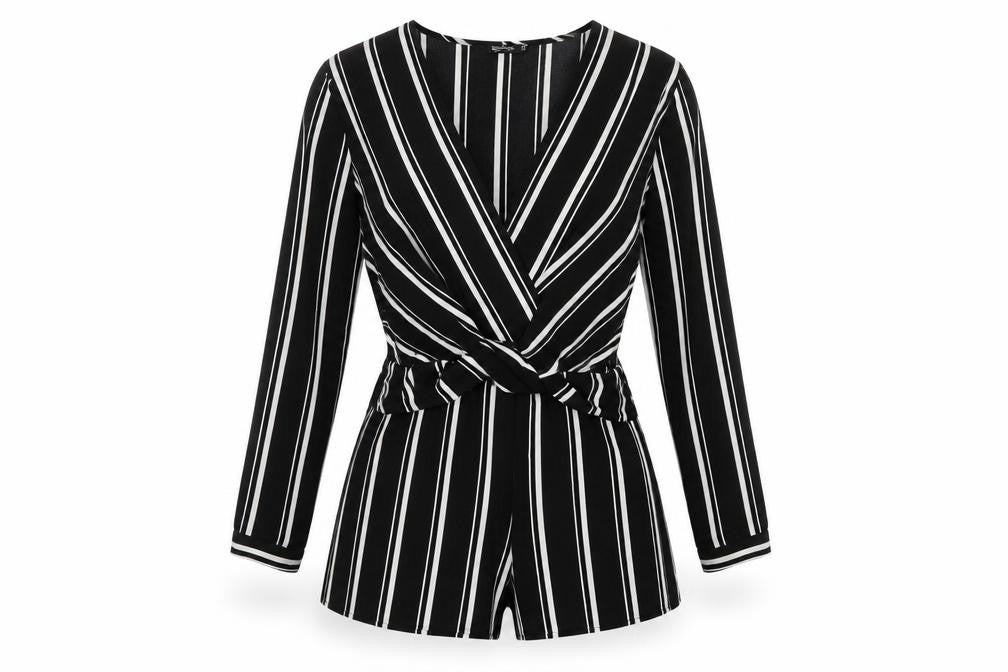 Boohoo Womens Black Striped Polyester Playsuit One-Piece Size 10 Pullover