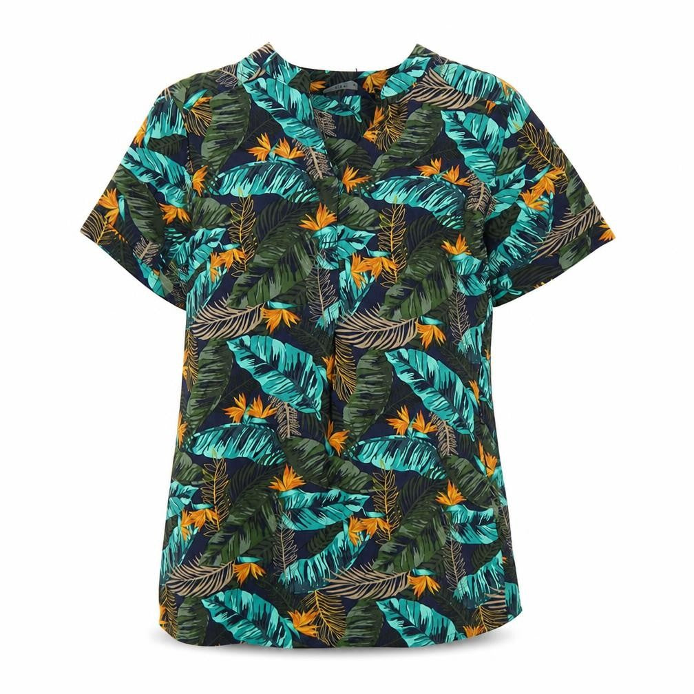 EWM Womens Blue Geometric Viscose Basic T-Shirt Size 10 V-Neck
