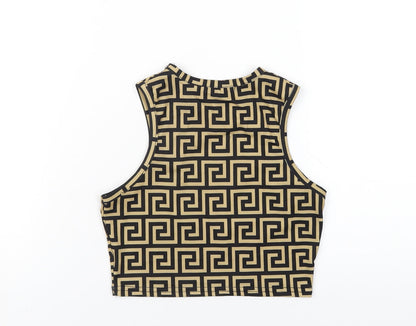 Back view of I SAW IT FIRST women’s beige geometric polyester cropped tank, size UK 6, round neck