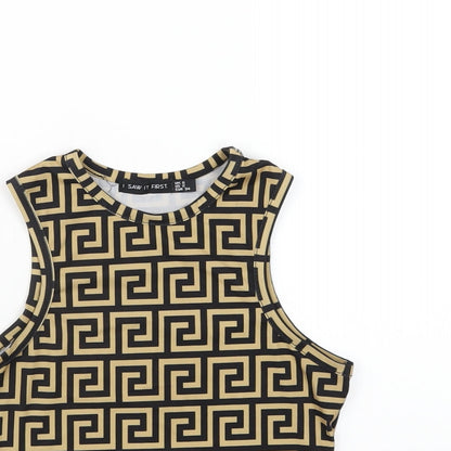 Close-up detail of I SAW IT FIRST women’s beige geometric polyester cropped tank, size UK 6, round neck