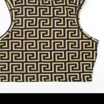 Brand and care label for I SAW IT FIRST women’s beige geometric polyester cropped tank, size UK 6, round neck