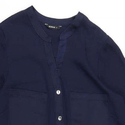 Close-up detail of Roman women’s blue polyester a-line, size UK 10, v-neck button