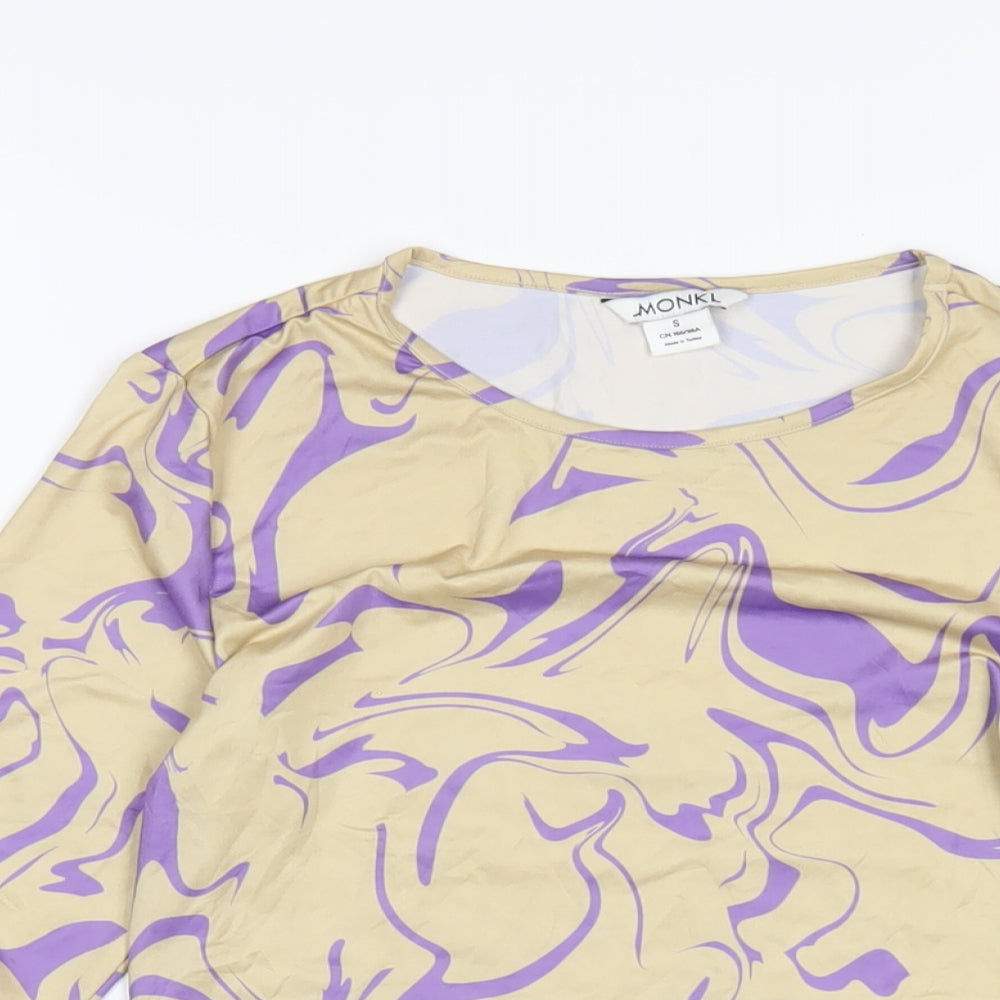 Monki Womens Beige Geometric Polyester Basic T-Shirt Size S Roll Neck