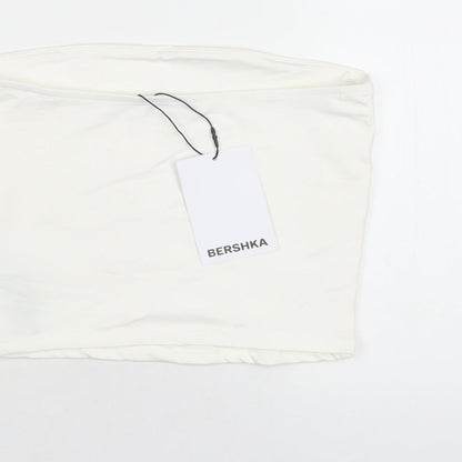 Bershka Womens White Polyamide Basic T-Shirt Size S Square Neck