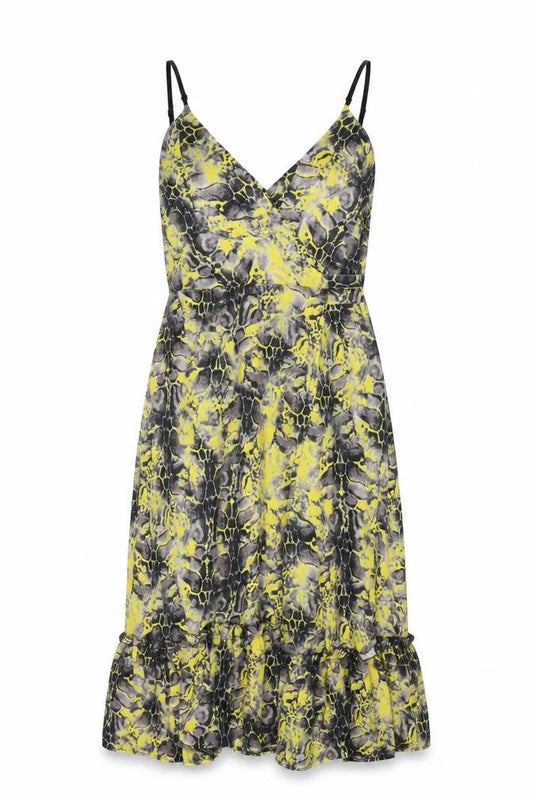 Libby Loves Womens Yellow Geometric Polyester Wrap Dress Size 10 V-Neck Tie
