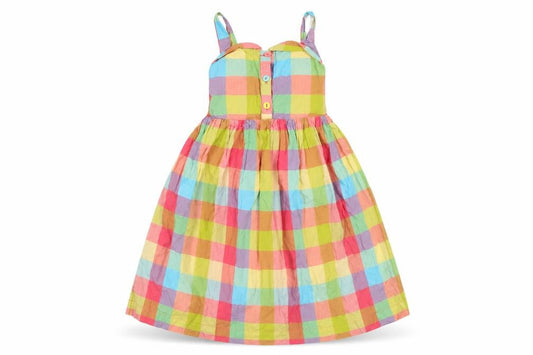 Indigo Girls Multicoloured Check Cotton Skater Dress Size 6-7 Years Square Neck Button