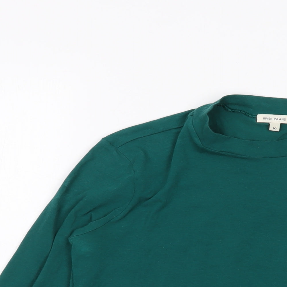 River Island Womens Green Cotton Basic T-Shirt Size 10 Mock Neck