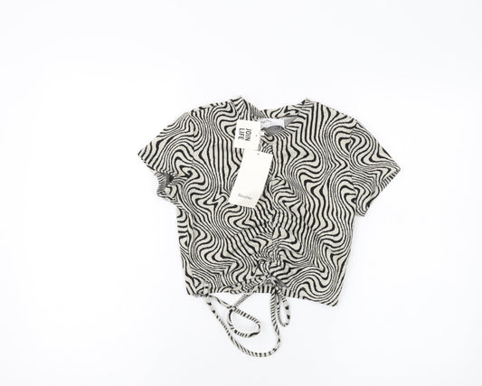 Bershka Womens Grey Animal Print Polyester Cropped T-Shirt Size S Round Neck