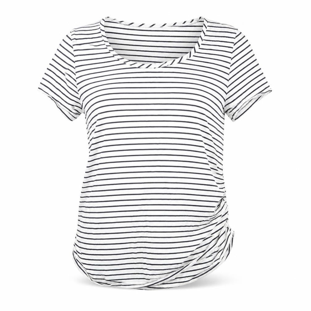 Blooming Womens White Striped Cotton Basic T-Shirt Size M Round Neck
