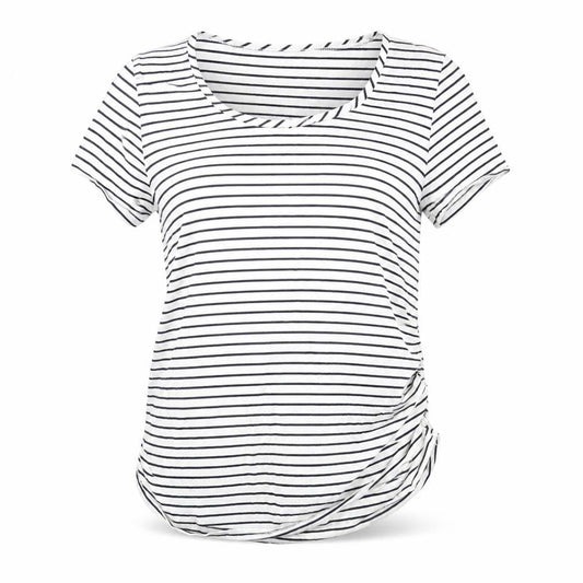 Blooming Womens White Striped Cotton Basic T-Shirt Size M Round Neck