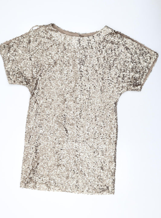 Fashions Womens Gold Polyester Mini Size 10 Round Neck Button