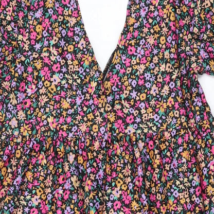 Brand and care label for Miss Selfridge women’s multicoloured fair isle polyester a-line, size UK 14, v-neck pullover