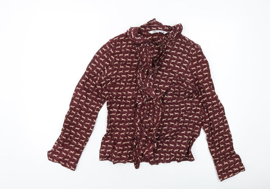 Zara Womens Brown Geometric Polyester Basic Button-Up Size S Mock Neck
