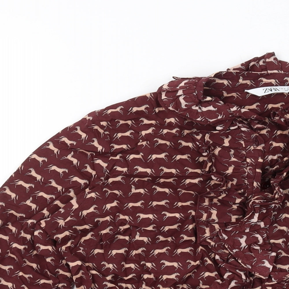 Zara Womens Brown Geometric Polyester Basic Button-Up Size S Mock Neck