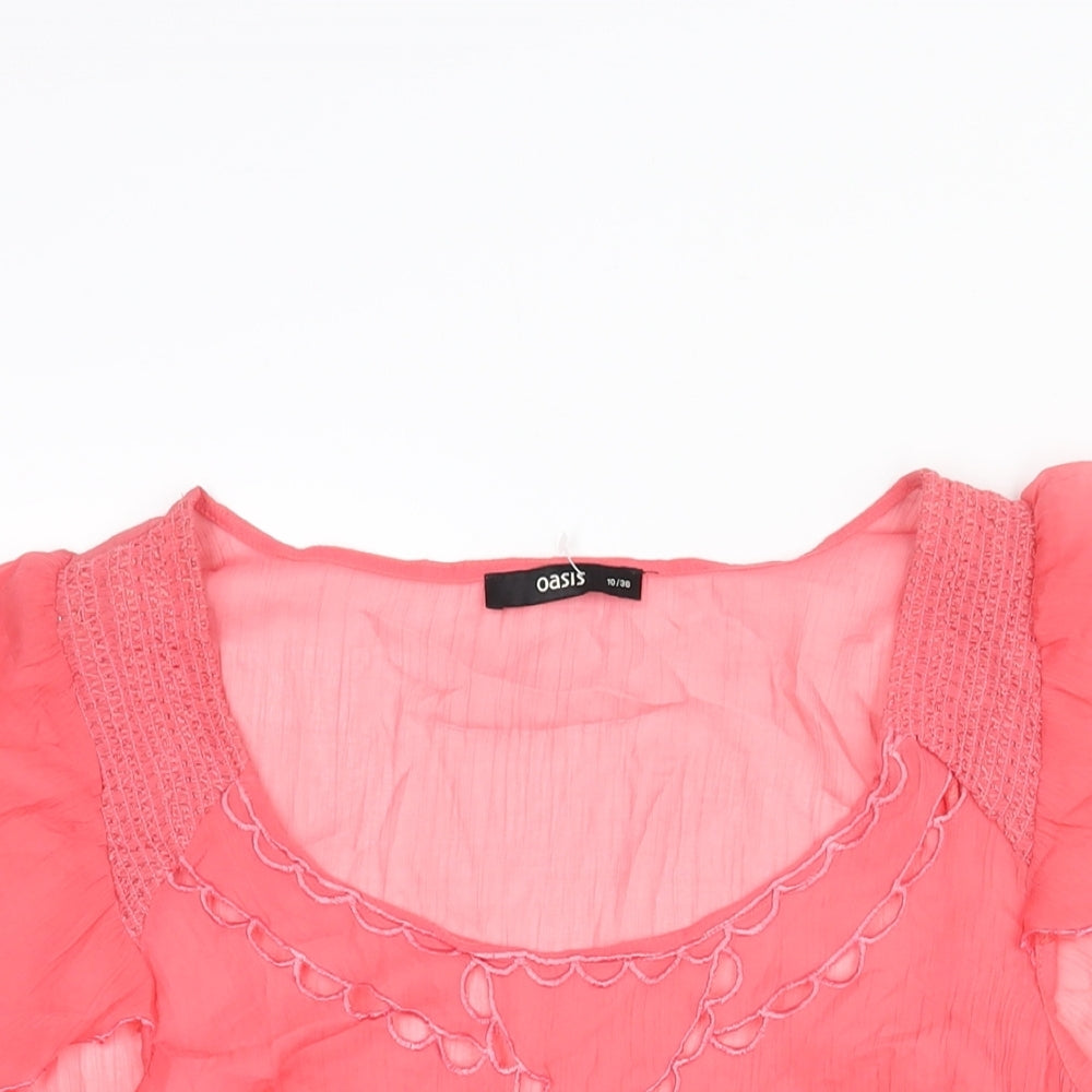 Oasis Womens Pink Polyester Basic Blouse Size 10 Scoop Neck - Embroidered Rouched