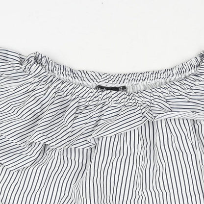 Boohoo Womens Blue Striped Polyester Basic Blouse Size 10 Boat Neck - Layered Frill