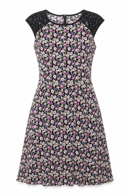 Warehouse Womens Multicoloured Floral Viscose Shift Size 12 Round Neck Zip - Lace Sleeve