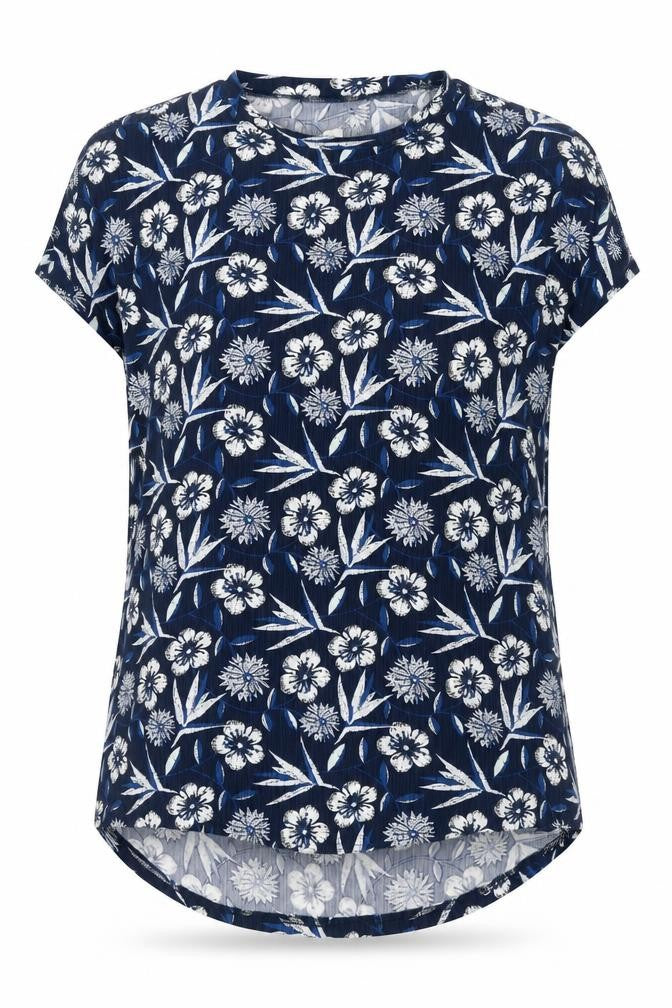 Blue Vanilla Womens Blue Floral Polyester Basic Blouse Size S Round Neck - Rouched Size S-M