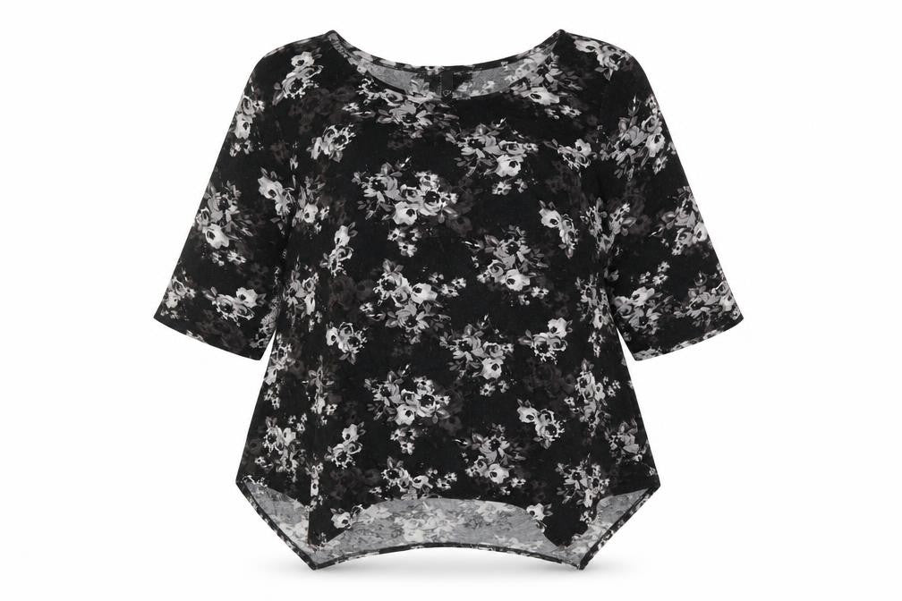 Arcadia Womens Black Floral Viscose Basic Blouse Size 20 Round Neck - Asymmetric Hem